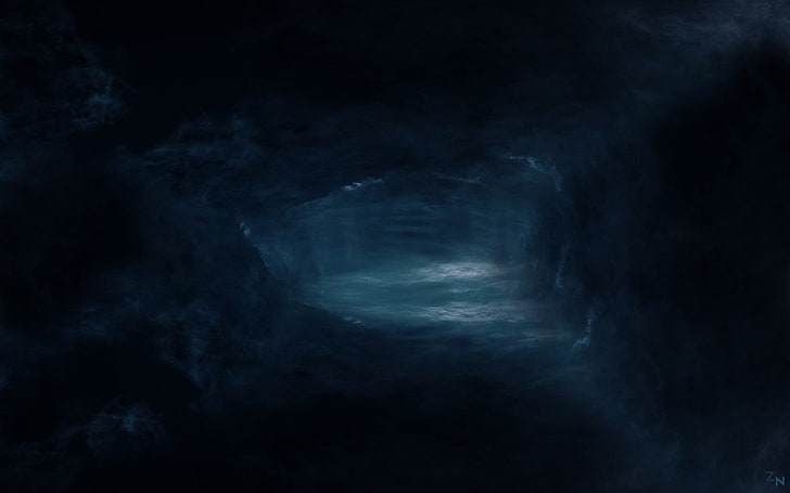 dark blue cave color light scarry sky planet white red disaster, HD wallpaper