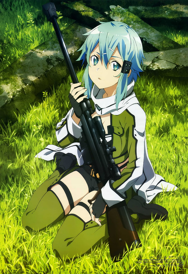Chica de pelo azul con ilustración de rifle, Sinon (Sword Art Online), Sword Art Online, Asada Shino, Fondo de pantalla HD, fondo de pantalla de teléfono