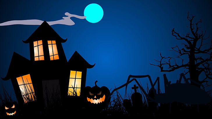 churchyard, full moon, illustration, midnight, silhouette, evening, tree, cemetery, lighting, halloween, jack o lantern, light, graphics, moon, night, darkness, pumpkin, HD wallpaper