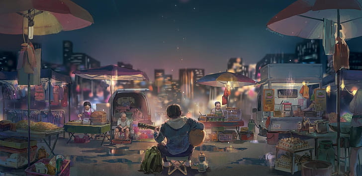 Anime, Original, Junge, Stadt, Gitarre, Menschen, HD-Hintergrundbild