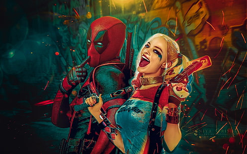 Deadpool, Margot Robbie, Harley Quinn, Marvel Comics, DC Comics, Sfondo HD HD wallpaper