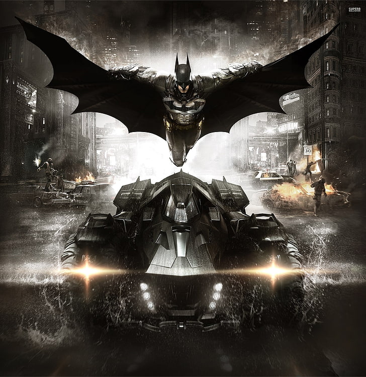 Batman The Arkham Knight цифровые обои, машина, город, сталь, дым, дома, полёт, броня, истребитель, плащ, экипировка, защитник, Брюс Уэйн, The Batmobile, Warner Bros. Interactive Entertainment, Rocksteady Studios, Бэтмен: Arkham Knight, HD обои, телефон обои