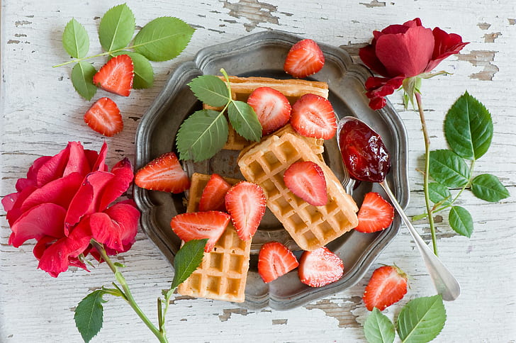 waffles, strawberries, jam, rose, petals, waffles, strawberries, rose, petals, HD wallpaper
