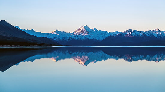 снежная гора, озеро, пейзаж, горы, отражение, гора Кука, HD обои HD wallpaper