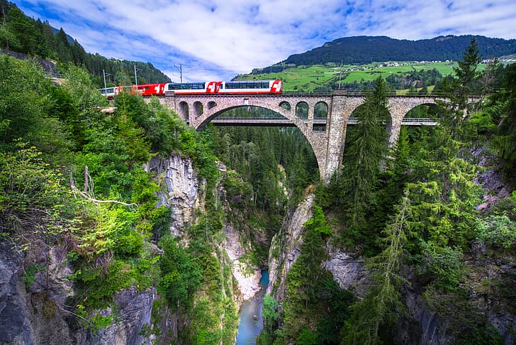 bridge, river, rocks, train, Switzerland, canyon, viaduct, Grisons, Graubünden, Solis Viaduct, Viaduct Solis, Albula River, The River Albula, HD wallpaper