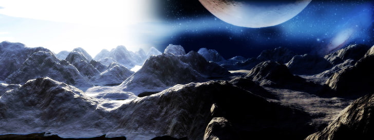 montagne et lune, paysage, affichage multiple, Fond d'écran HD