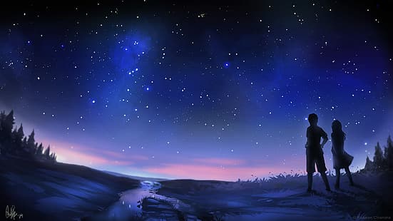 Anime, Anime Jungen, Anime Mädchen, Paar, Nacht, Himmel, Bäume, Wasserzeichen, HD-Hintergrundbild HD wallpaper