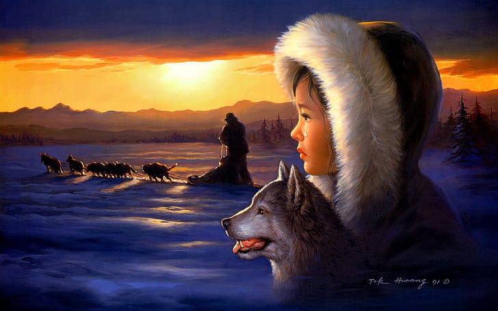 People HD, wolf pack and girl in snow painting, artistic, people, HD wallpaper