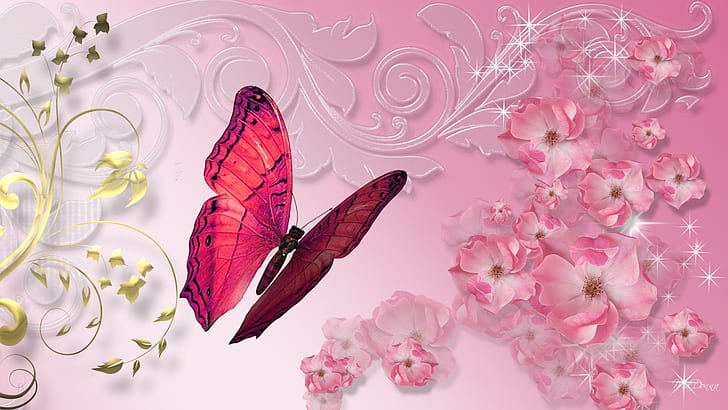 Oh So Pink, persona do firefox, artística, folhas de ouro, floral, verão, borboleta, rosa, flores, 3d e abstrata, HD papel de parede