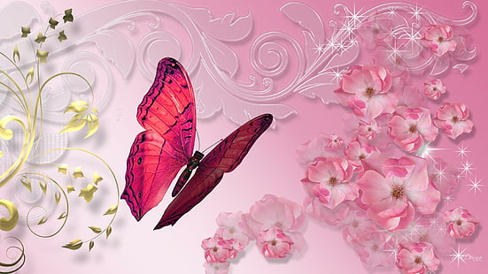 Oh So Pink, firefox persona, artistic, gold leaves, floral, summer, butterfly, pink, flowers, 3d and abstract, HD wallpaper HD wallpaper