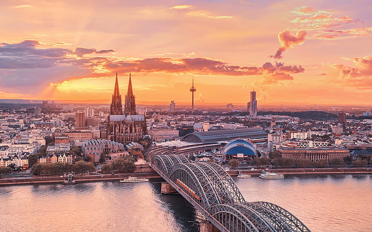 Urban landscape, Cologne, Germany, sunset sky, the Rhine, bridge, buildings, Urban, Landscape, Cologne, Germany, Sunset, Sky, Rhine, Bridge, Buildings, HD wallpaper