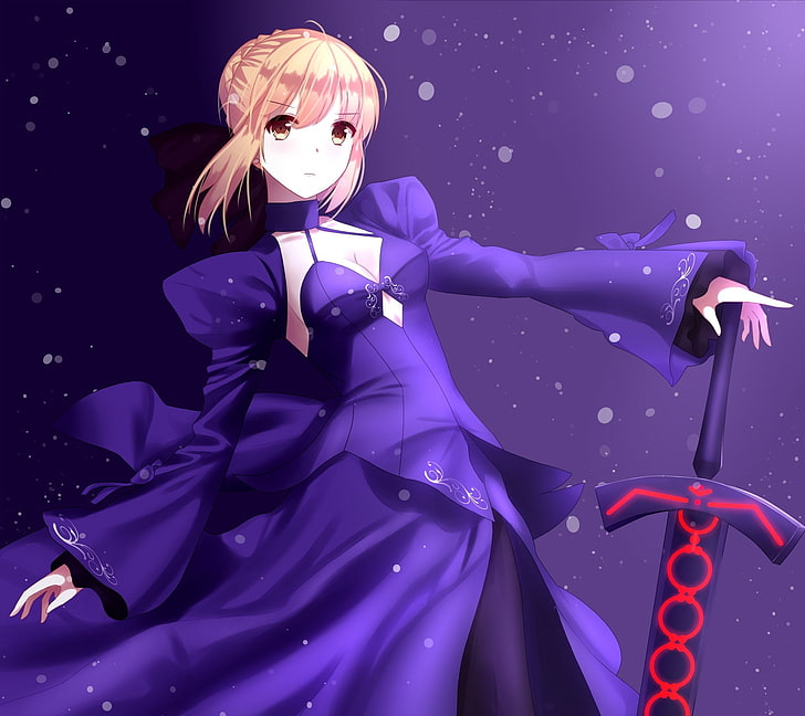 anime, anime girls, Fate/Stay Night, Saber, Saber Alter, cleavage, dress, sword, weapon, short hair, blonde, open shirt, HD wallpaper