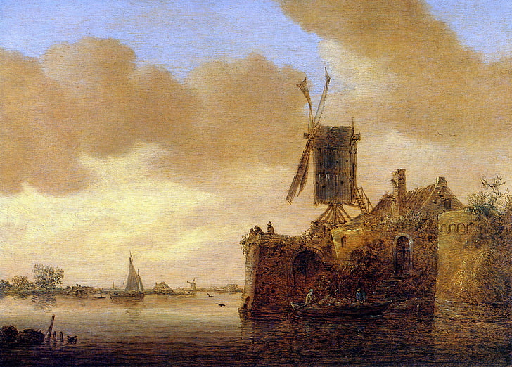 rumah, perahu, berlayar, kincir angin, Jan van Goyen, Pemandangan Sungai, Wallpaper HD
