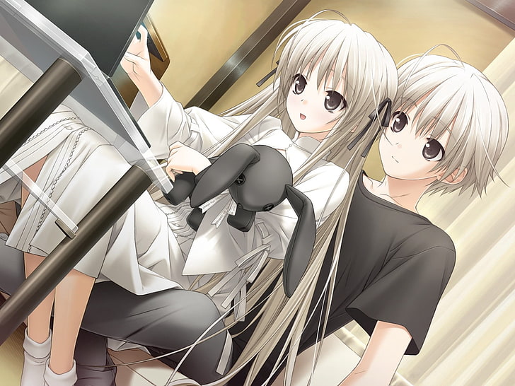 gray-haired female and male anime character, boy, girl, toy, rabbit, monitor, interest, HD wallpaper