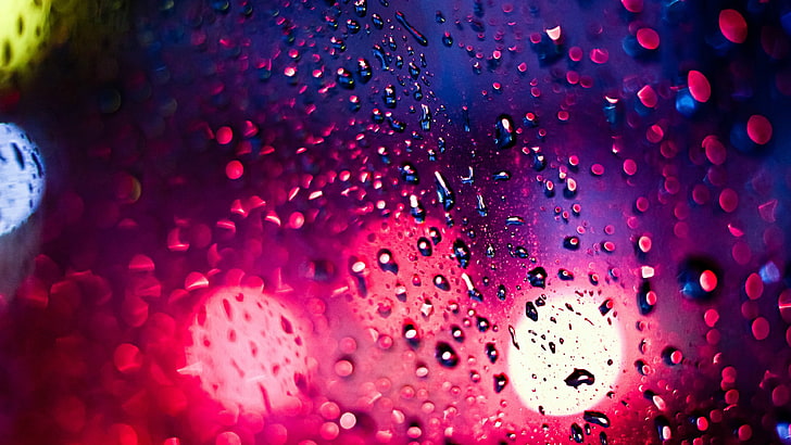 red bokeh light, macro shot of water droplets, macro, water drops, glass, window, bokeh, HD wallpaper