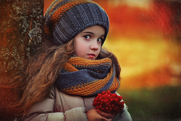 girl's gray and orange knit scarf, autumn, nature, children, berries, tree, girl, child, HD wallpaper