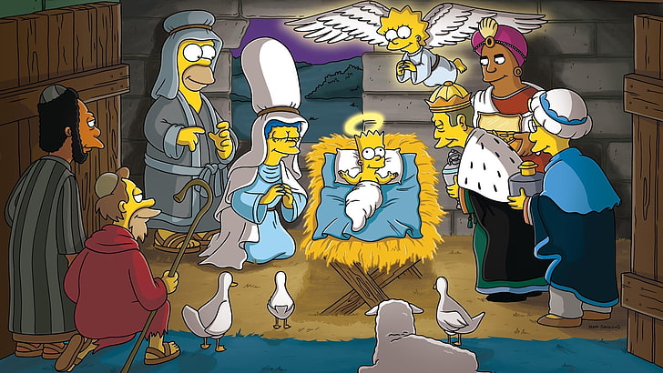 The Simpsons Nativity Scene poster, The Simpsons, Christmas, Homer Simpson, Marge Simpson, Lisa Simpson, Bart Simpson, Sfondo HD