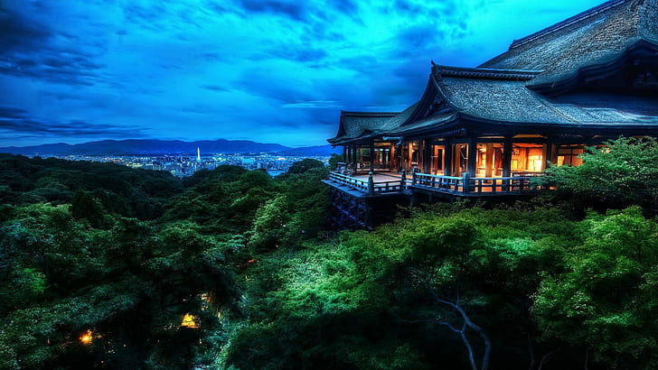 Japan, night, kiyomizudera, forest, house, clouds, trees, Kyoto, nature, HD wallpaper
