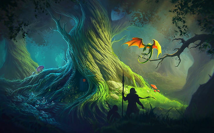 Wild forest, tree, beautiful, warriors, dragon, magic, colors, forest, house, ghost, fantasy, colorful, dream, mystic, HD wallpaper