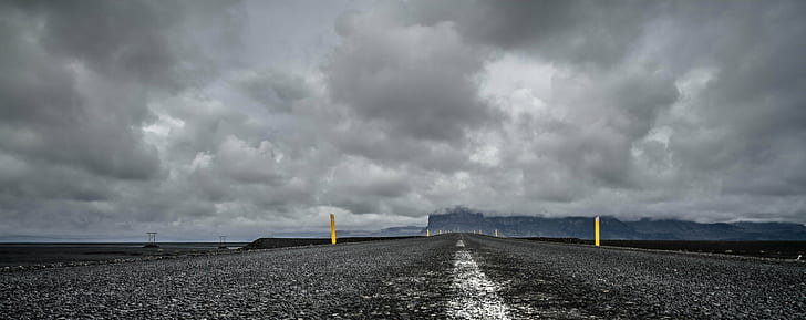 昼間、灰色、道路、暗い、曇り、空、昼間、アイスランド、背景、自然、雲-空、高速道路、風景の中に暗い曇り空の下で灰色の道、 HDデスクトップの壁紙