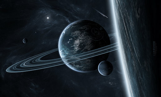 saturn planet, planet, ring, satellites, star system, interstellar gas, HD wallpaper HD wallpaper
