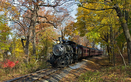 Autumn Train, black and brown steam train, fall, locomotive, train, autumn, 3d and abstract, HD wallpaper HD wallpaper