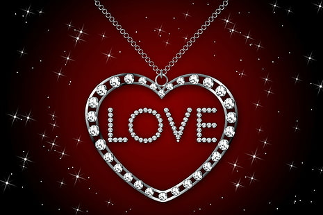 I love you, Diamonds, silver diamond heart pendant necklace, Love, I love you, heart, diamonds, brilliant, glamour, design by Marika, necklace, silver, HD wallpaper HD wallpaper