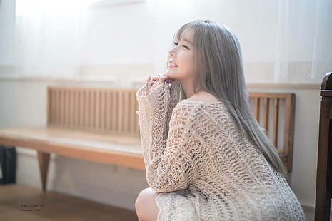 Han Ga Eun, Azjatka, modelka, długie włosy, luźne ubranie, uśmiechnięta, Tapety HD HD wallpaper