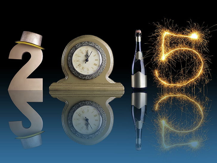 New Year 2015 made of golden digit two, table clock, bottle of champagne and party fireworks with mirror reflection effect, new year 2015, new year, 2015, golden, digit two, table, clock, bottle, champagne, fireworks, HD wallpaper