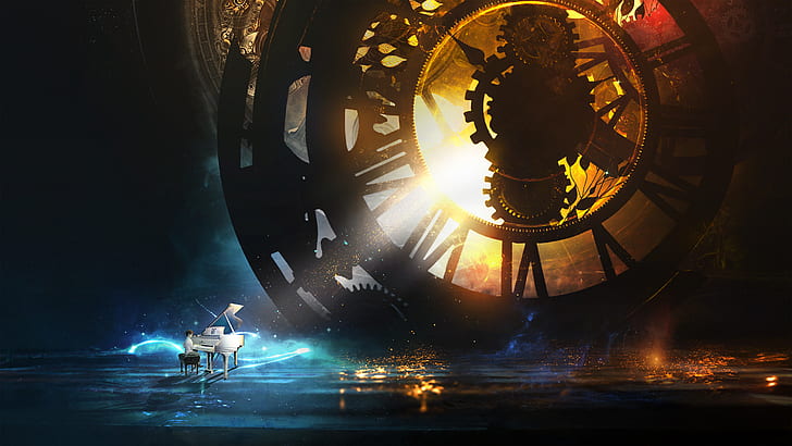 Steampunk-Uhr, Kind, Klavier, HD-Hintergrundbild