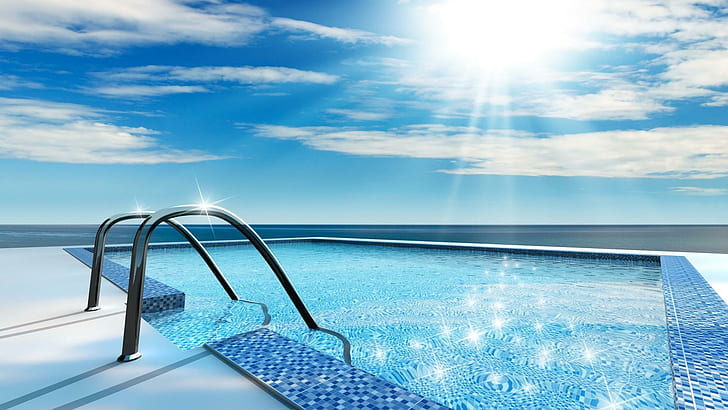 Agua reluciente en una piscina, escalera, brillo, nubes, piscina, naturaleza y paisajes, Fondo de pantalla HD