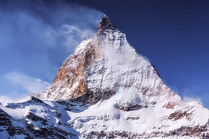 зима, небе, сняг, планини, вятър, планина, Матерхорн, Пенинските Алпи, върхът е 4478 метра, HD тапет