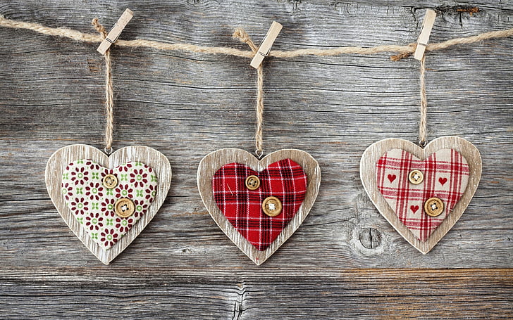 bokeh, buttons, clothespins, day, fabric, heart, hearts, love, romance, rope, valentine 039 s, wood, HD wallpaper