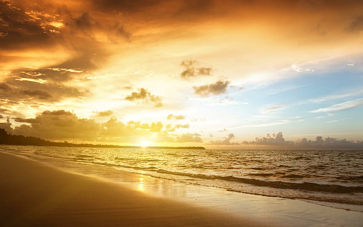 Natura Paesaggio Cielo Sabbia Mare Spiaggia Tramonto Ampio, ora d'oro, spiagge, spiaggia, paesaggio, natura, sabbia, tramonto, ampio, Sfondo HD