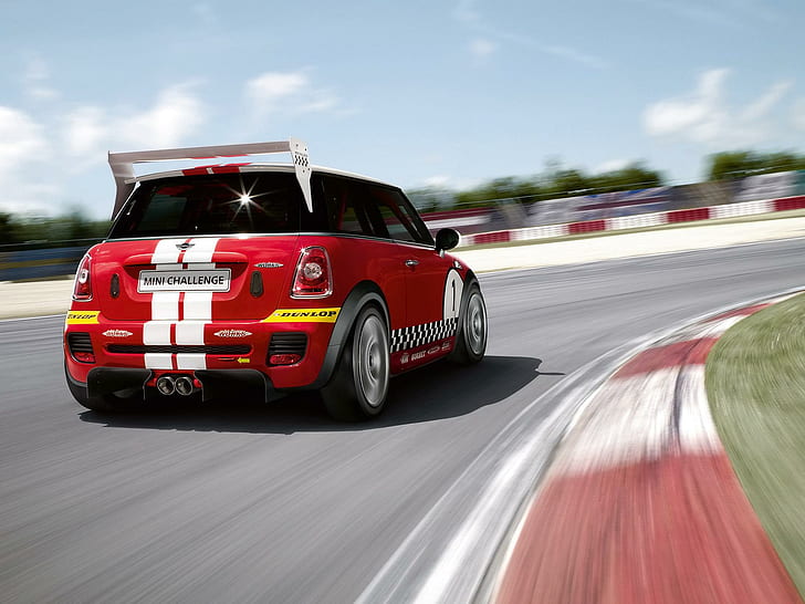 2008-mini-challenge-rear-angle-speed, race, mini-challenge, fast, sport car, speed, red car, track, 2008, cars, HD wallpaper