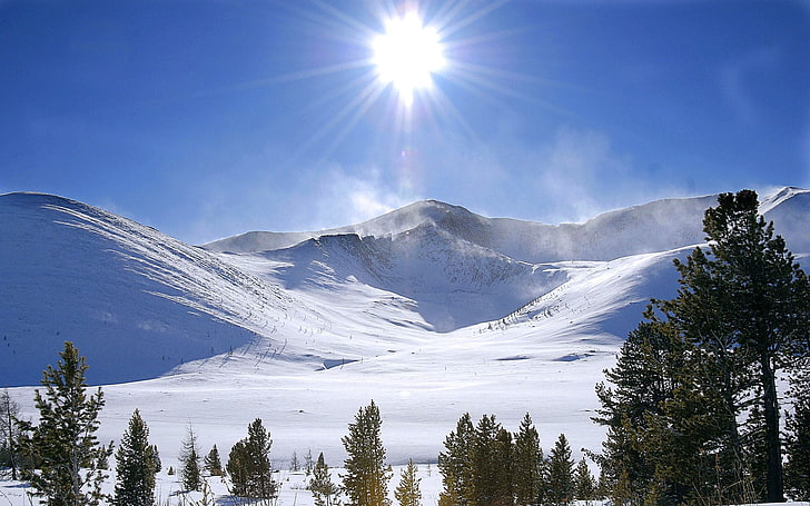 snow mountains, mountains, snow, landscape, winter, sun rays, windy, HD wallpaper