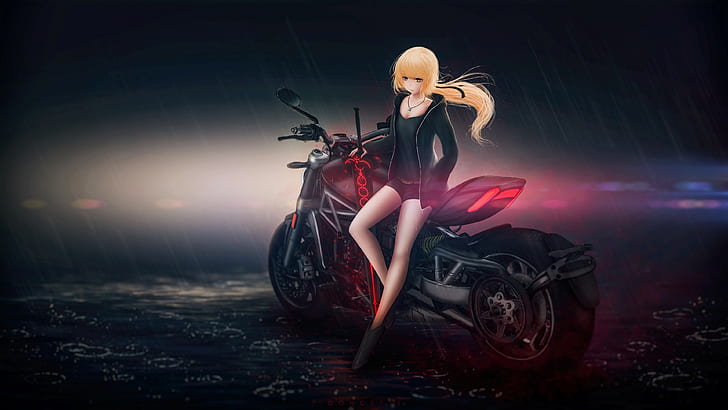 anime flicka, motorcykel, regnig dag, bildesign, fordon, bil, mörker, konstverk, anime konst, stuntartist, sabel, regn, regnar, sabel alter, HD tapet