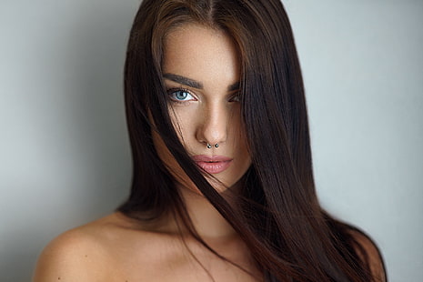 women, pierced nose, blue eyes, bare shoulders, face, simple background, portrait, brunette, hair in face, HD wallpaper HD wallpaper