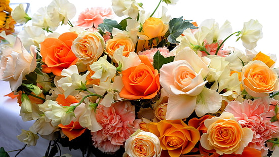 花束、フラワーアレンジメント、アレンジメント、装飾、花、花、バラ、花、結婚式、バラ、花、愛、花びら、花嫁、花、花瓶、お祝い、束、ロマンス、結婚、植物、ロマンチック、ギフト、ピンク、葉、 HDデスクトップの壁紙 HD wallpaper