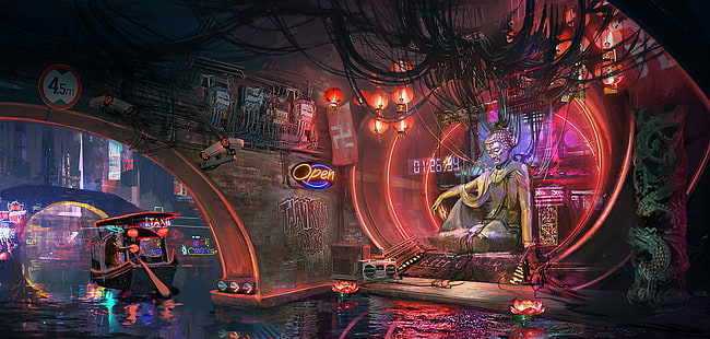 Cyberpunk 2077, Videogioco, videogiochi, arte digitale, cyberpunk, fantasy art, fantascienza, cinese, Fu Chenqi, Buddha, Sfondo HD HD wallpaper