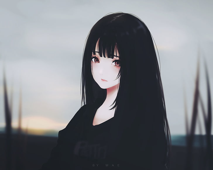 anime girl, cheveux noirs, expression triste, semi réaliste, Anime, Fond d'écran HD