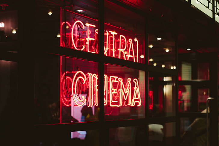 Cinéma central Affichage LED, inscription, néon, fenêtre, lumière, verre, Fond d'écran HD
