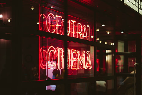 Signage Central Cinema LED, prasasti, neon, jendela, cahaya, kaca, Wallpaper HD HD wallpaper