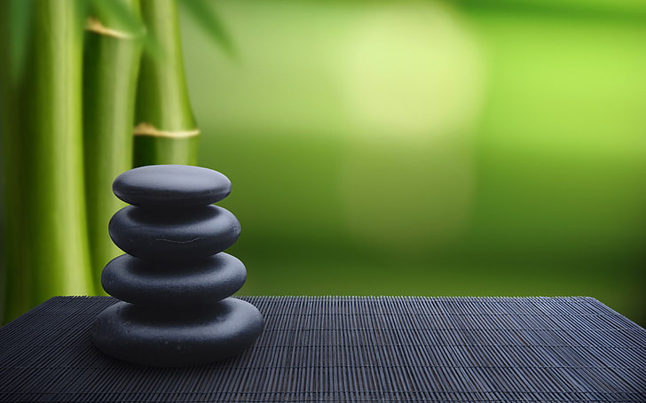 four round black stones, stones, green, bamboo, zen, HD wallpaper