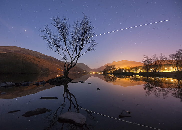 shooting star with reflective photography of bare tree with lighted house during golden hour, llyn padarn, llanberis, snowdonia, llyn padarn, llanberis, snowdonia, Llyn Padarn, ISS, Pass, Llanberis, Snowdonia, shooting star, reflective, photography, bare, tree, house, golden hour, international space station, lake, reflections, mountains, night  sky, stars, light pollution, long exposure, calm, astrophotography, low light, twilight, nightscape, landscape, nature, reflection, mountain, sky, scenics, water, night, sunset, HD wallpaper