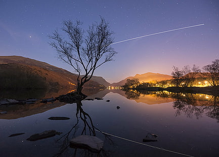 shooting star with reflective photography of bare tree with lighted house during golden hour, llyn padarn, llanberis, snowdonia, llyn padarn, llanberis, snowdonia, Llyn Padarn, ISS, Pass, Llanberis, Snowdonia, shooting star, reflective, photography, bare, tree, house, golden hour, international space station, lake, reflections, mountains, night  sky, stars, light pollution, long exposure, calm, astrophotography, low light, twilight, nightscape, landscape, nature, reflection, mountain, sky, scenics, water, night, sunset, HD wallpaper HD wallpaper