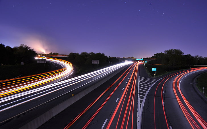 streets with light, road, Freeway, long exposure, lights, traffic, HD wallpaper