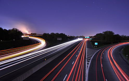 光、道路、高速道路、長時間露光、ライト、交通のある通り、 HDデスクトップの壁紙 HD wallpaper
