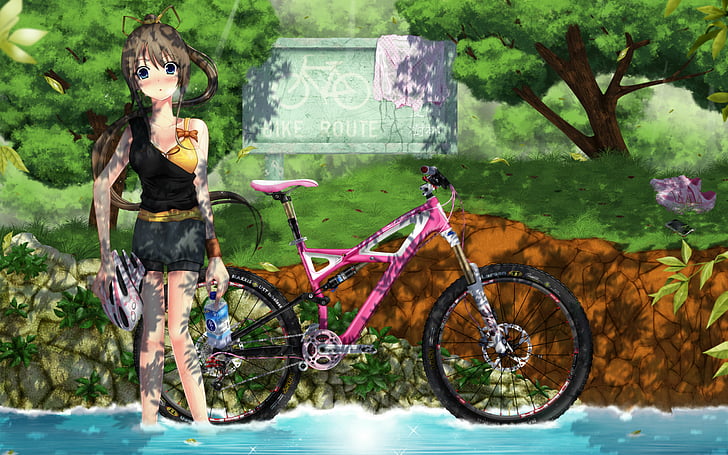 ame, bicycle, midori, miyazawa, natsu, ponytail, wet, HD wallpaper