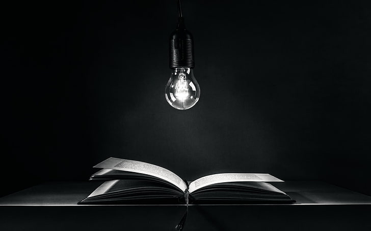 lampadina nera, lampadina, luci, libri, Sfondo HD